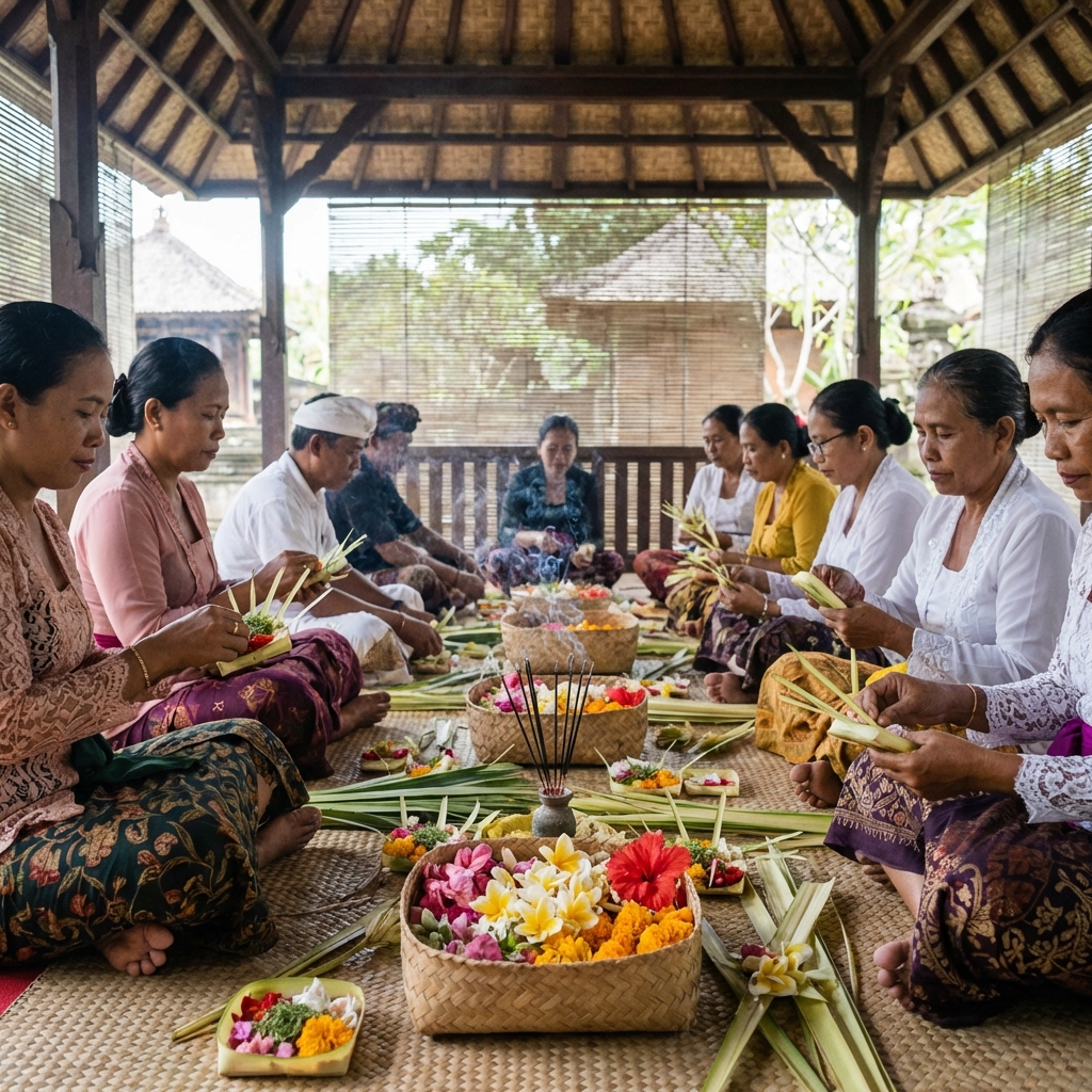 Preparing canang sari offerings