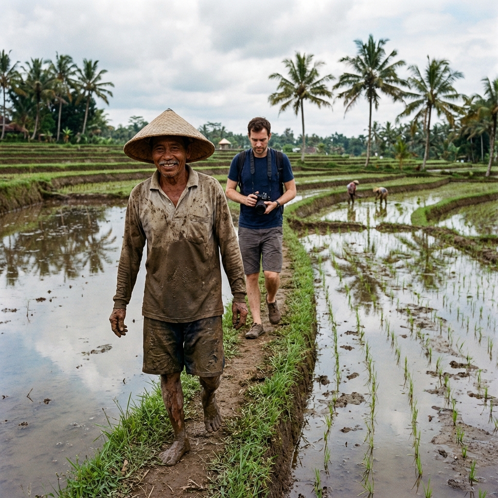 Walking through rice fields with a farmer