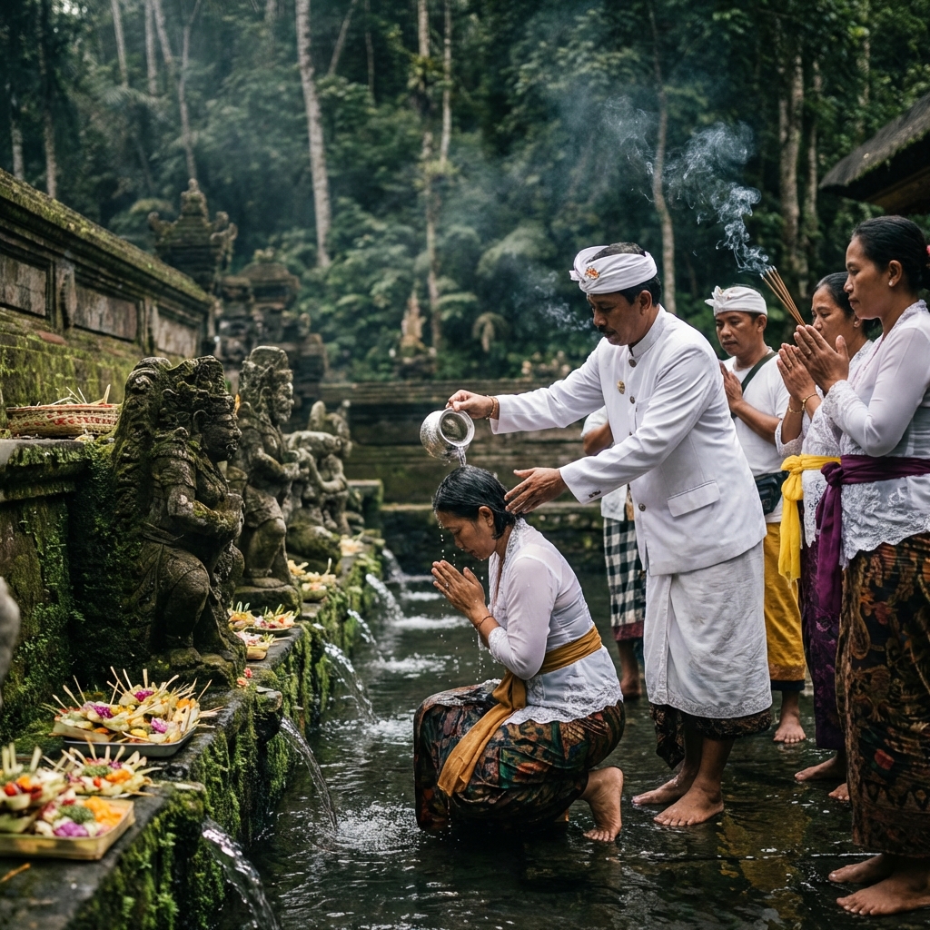 Sacred water purification ritual at natural spring