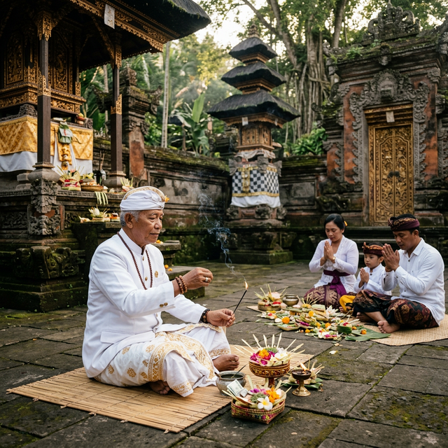 Traditional Balinese blessing ceremony led by a priest
