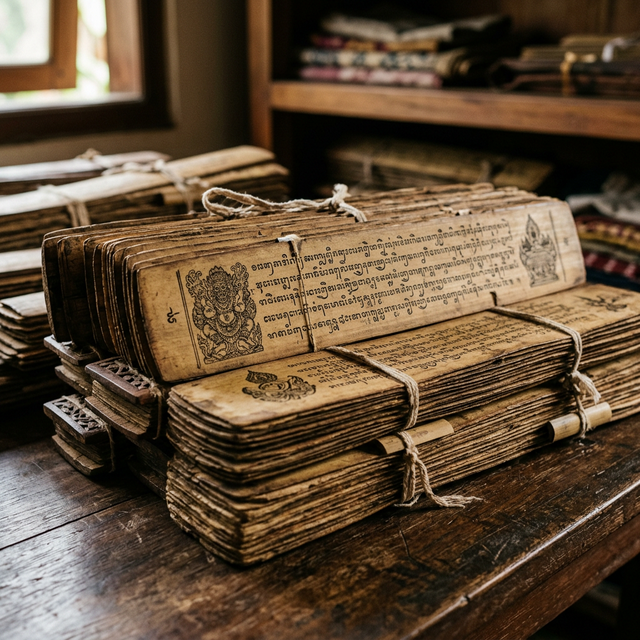 Close-up of ancient, detailed lontar manuscripts
