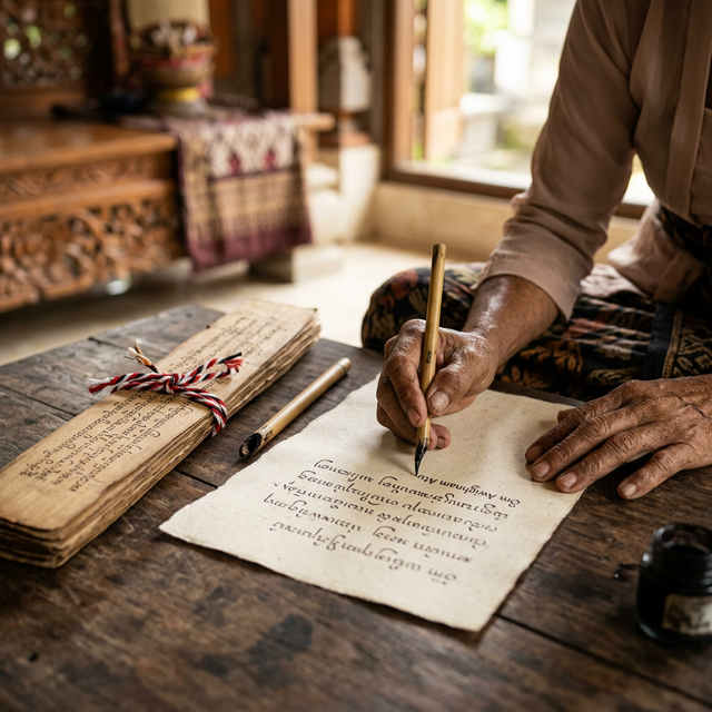 Practicing writing Balinese script and etched lontar wrapped in tridatu thread