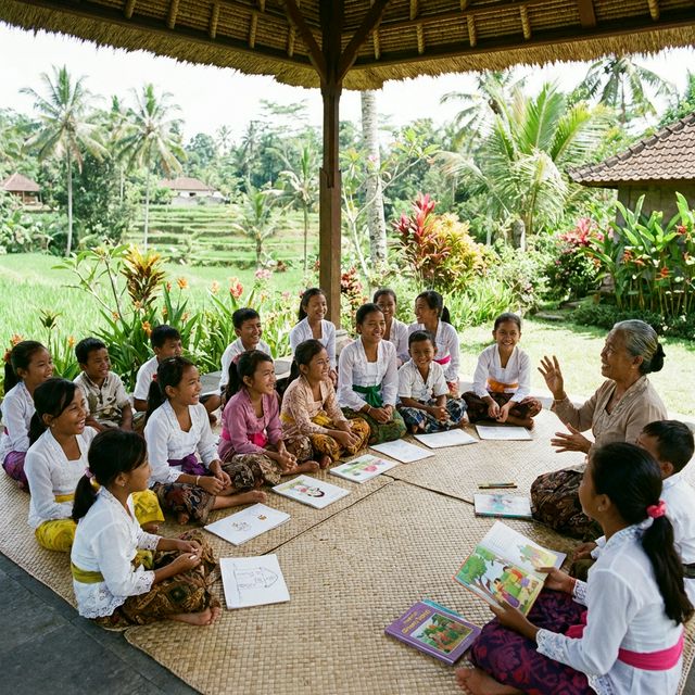 Joyful outdoor learning session with village children sharing art and stories
