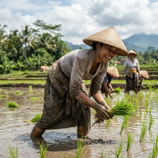 Young female farmer planting rice seedlings with locals