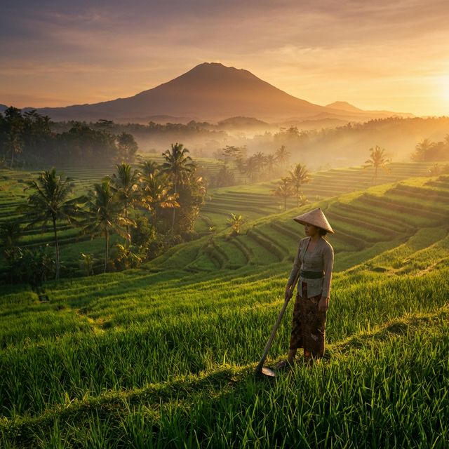 Young female Balinese farmer in a lush green rice field at golden hour