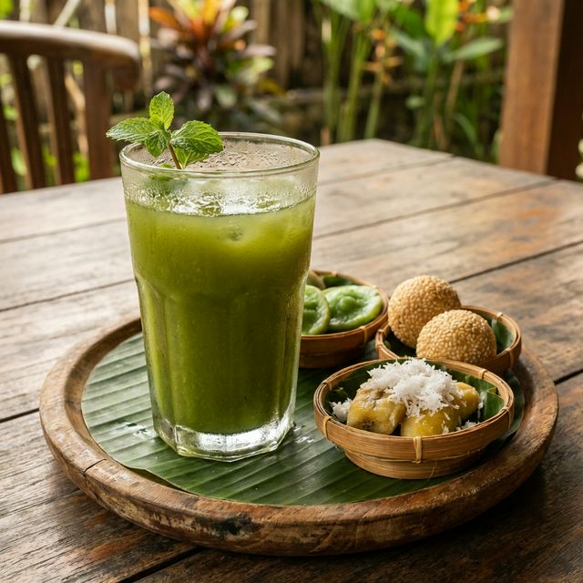 Traditional green Loloh herbal drink and Balinese snacks