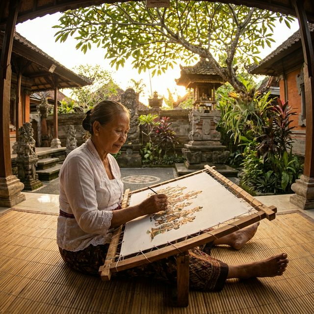 Passionate Balinese female artist painting intricate Keliki art in a traditional courtyard