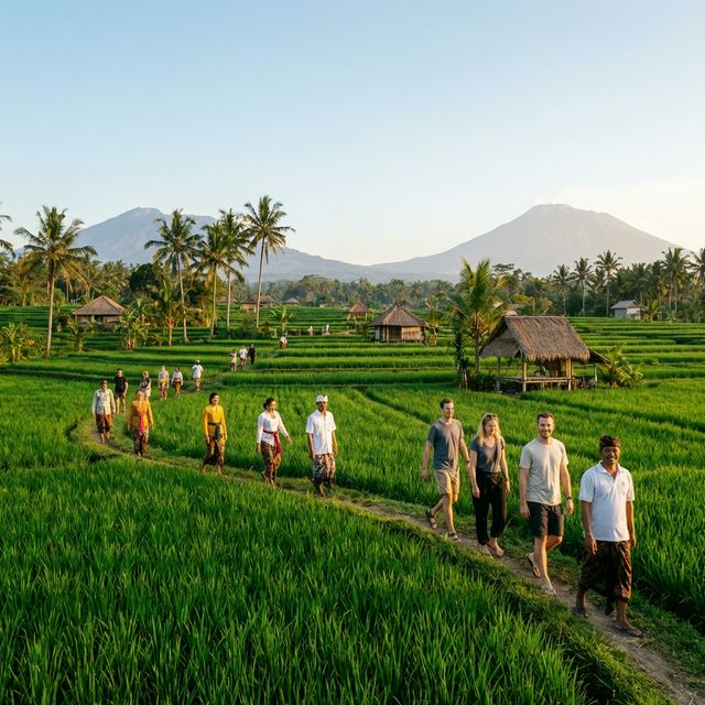 Scenic walk through vibrant rice fields in Keliki village