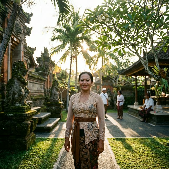 Beautiful, strong Balinese woman smiling warmly in a serene community center