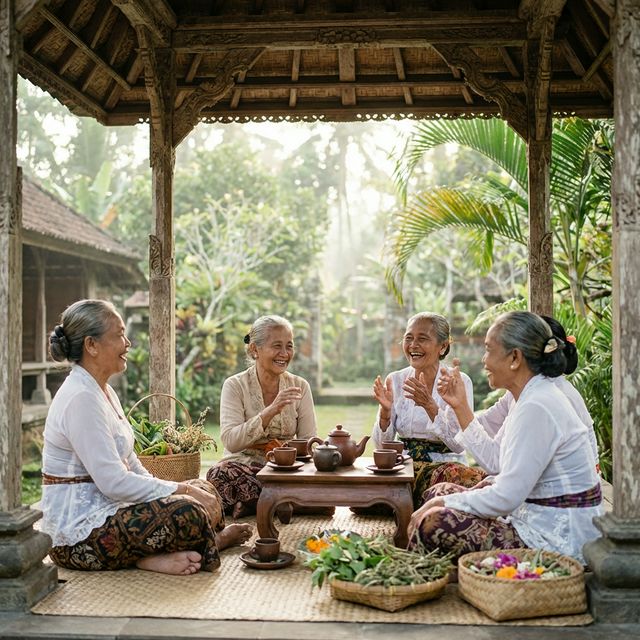 Balinese women sharing stories in a wooden pavilion