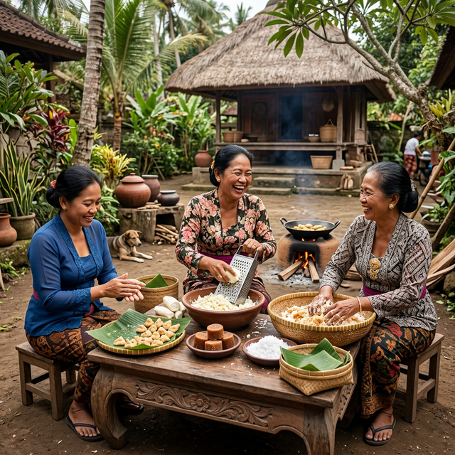 Joyful hands-on cooking activity with Balinese women making traditional cassava snacks