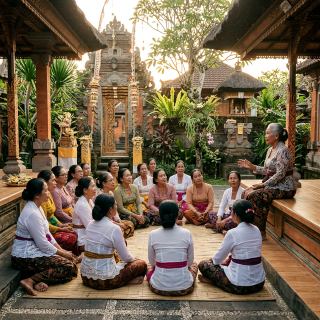 Group of Balinese women sitting together in a serene courtyard, listening intently to a community leader