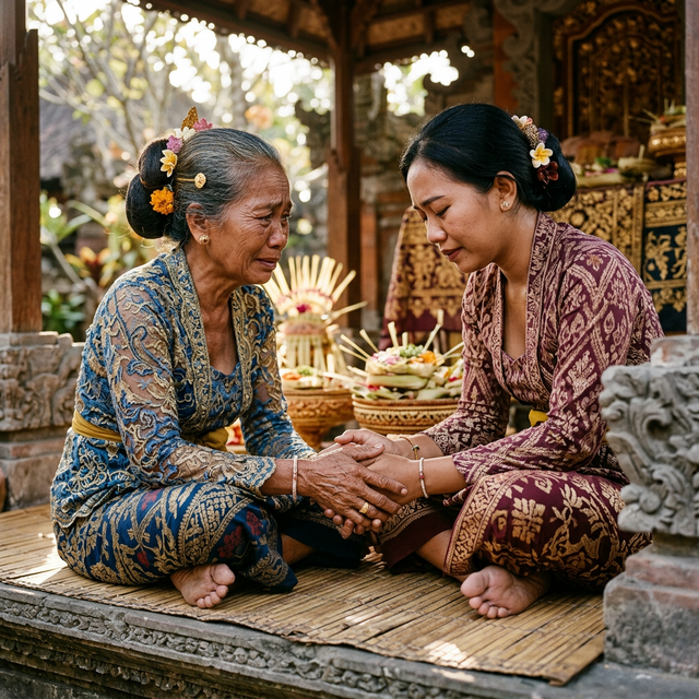 Two Balinese women finding solace and strength together in a traditional safe space