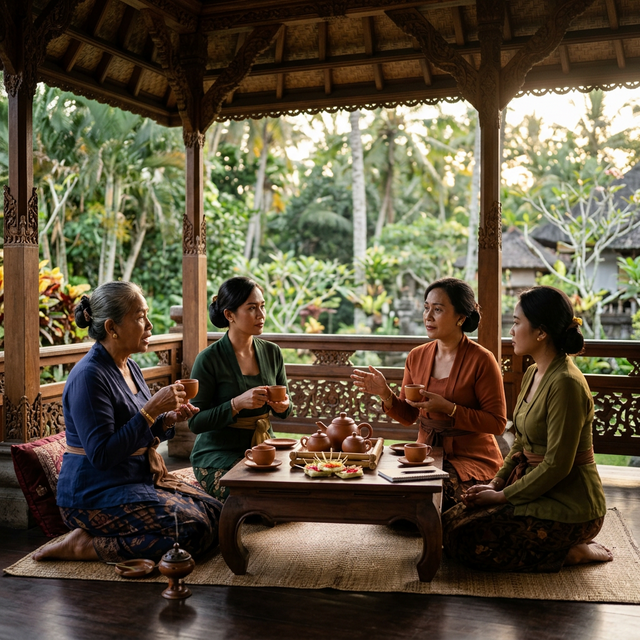 Warm, inviting tea session taking place on a beautifully carved traditional Balinese veranda