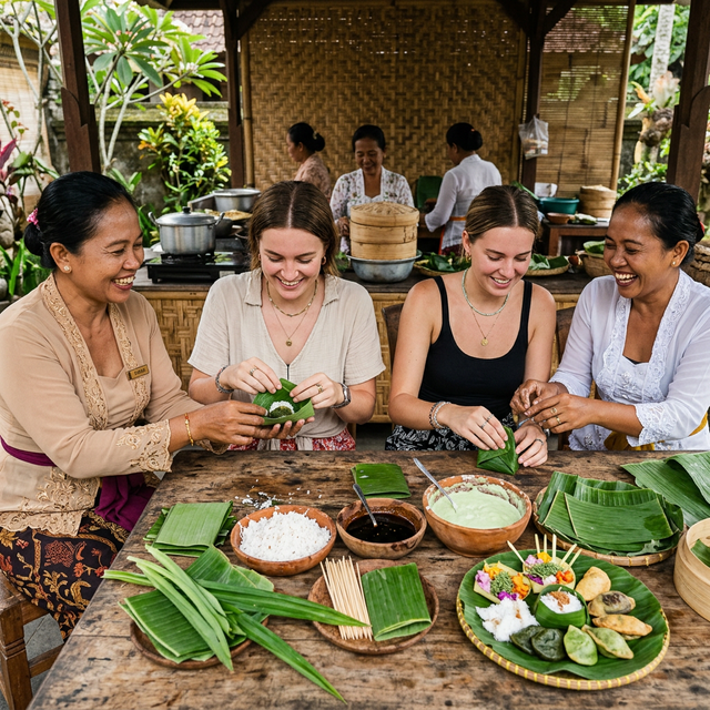 Hands-on shot of travelers and local Balinese women joyfully crafting traditional Balinese cakes together