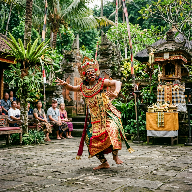 A breathtaking shot of a traditional Balinese mask dancer performing in a village courtyard