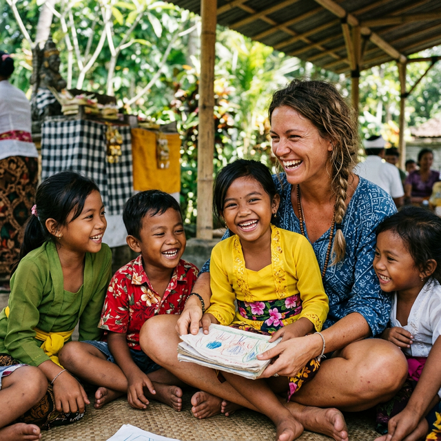 A joyful close-up of a traveler interacting warmly with smiling Balinese children