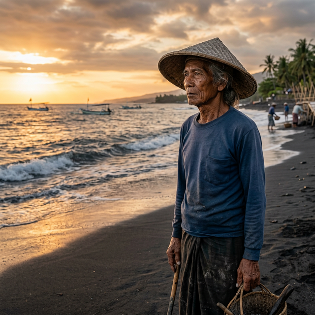 Empathetic portrait of an elderly Balinese salt farmer looking thoughtfully toward the ocean