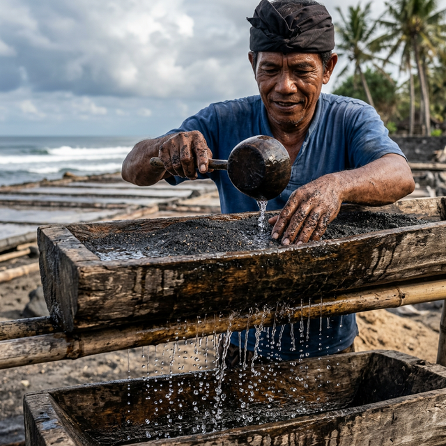 Balinese salt farmer carefully filtering ocean water through natural volcanic black sand