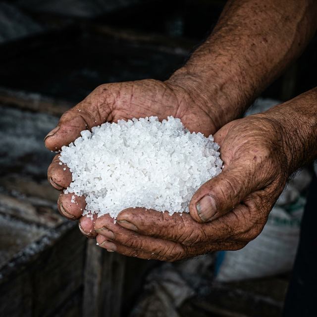 Weathered hands proudly holding a pile of pure, shimmering white crystal sea salt