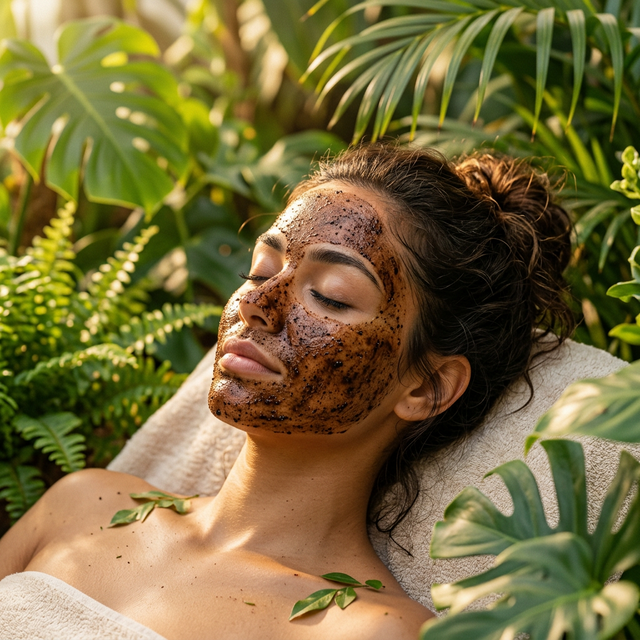 A serene person relaxing with a natural coffee face mask applied
