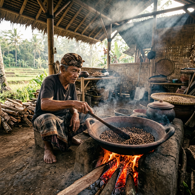 Elderly Balinese farmer meticulously roasting coffee beans over a wood fire