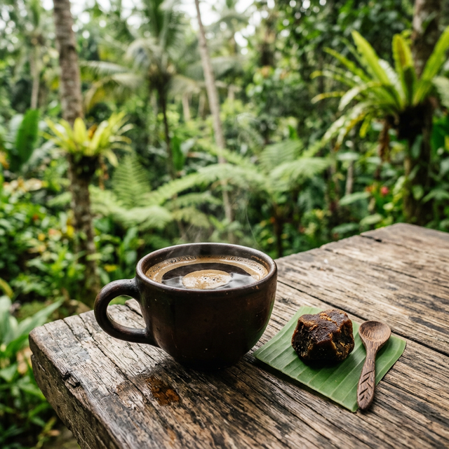 Freshly brewed Balinese coffee served with a chunk of traditional palm sugar