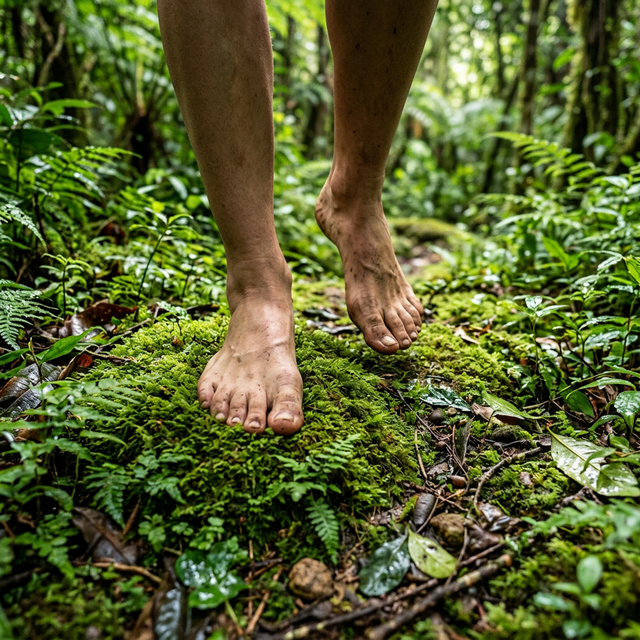 Grounding shot of bare feet walking on a soft, mossy jungle path