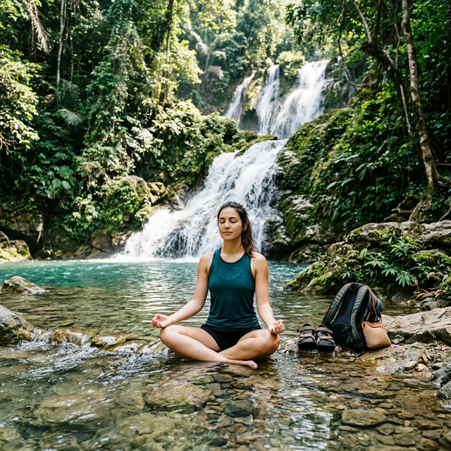 Traveler meditating peacefully in shallow water near a cascading waterfall