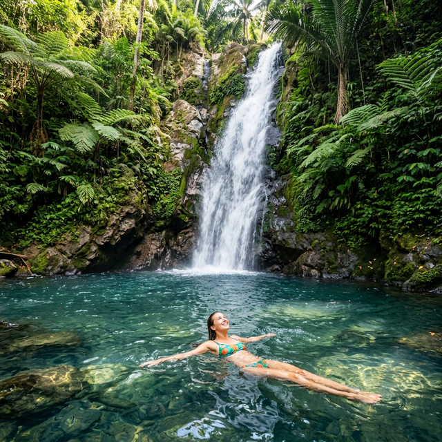 Joyful swimming in a crystal-clear natural rock pool beneath a pristine waterfall