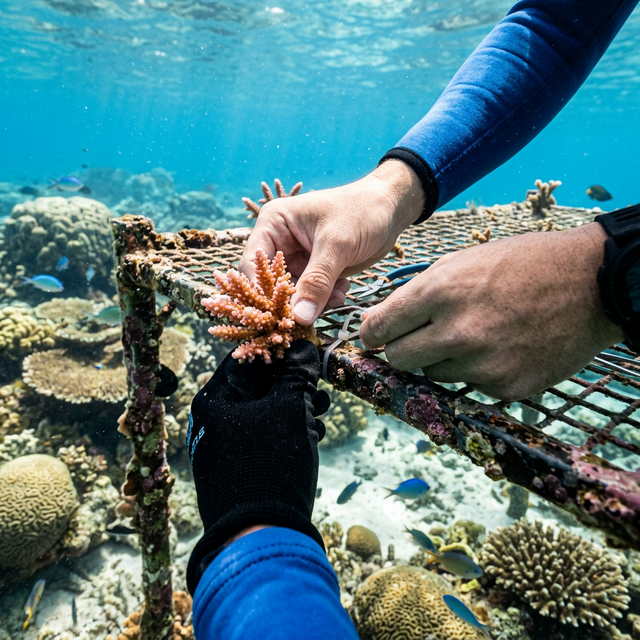 Close up of hands attaching living coral fragment to restoration frame