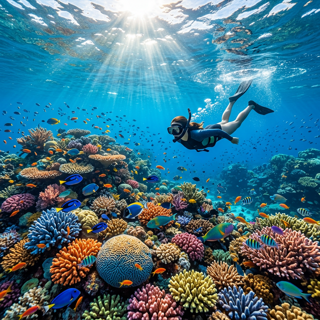 Snorkeler swimming above massive thriving coral reef ecosystem