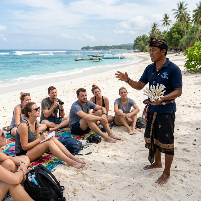 Travelers on beach listening to marine conservationist holding dead coral