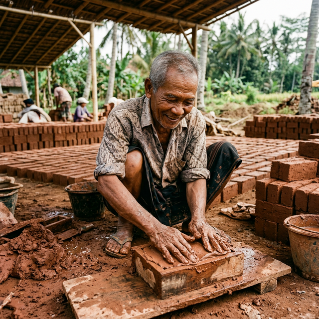 Elderly Balinese man making traditional red bricks by hand outdoors