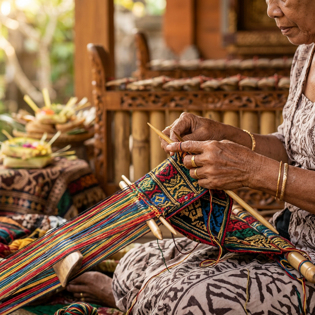 Balinese woman knitting intricate Ulon fabric with Rindik instruments in the background