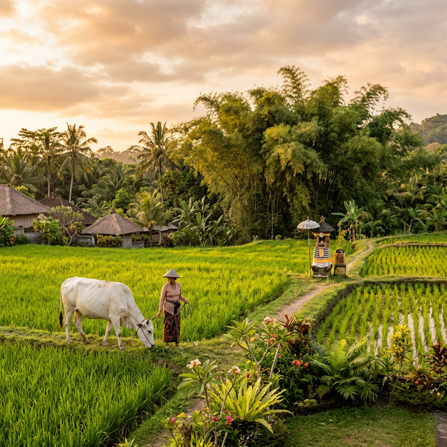 Serene view of simple village life with a garden, cows, and bamboo grove