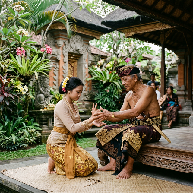 Master Balinese dancer gracefully teaching a student intricate hand movements