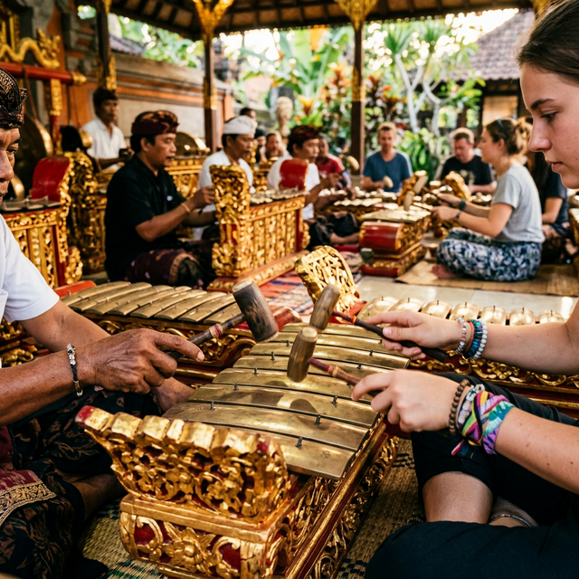 Dynamic photograph of travelers and local masters collaboratively playing intricately carved Gamelan instruments