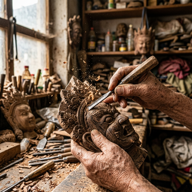 Elderly artisan chiseling a sacred wooden mask