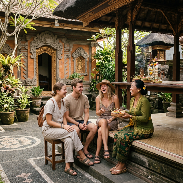 Travelers warmly engaging with a local Balinese mother inside a traditional family compound