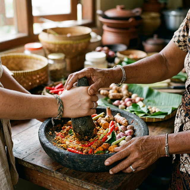 Close-up photograph of travelers learning to grind vibrant traditional Balinese spices using a stone mortar