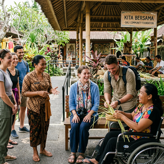 Travelers deeply engaged in a guided tour around an accessible, community-driven foundation in Bali