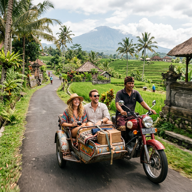 Travelers enjoying a scenic Balinese village ride in a sespan sidecar attached to a motorcycle