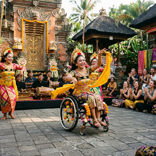 A vibrant, empowering photograph of a joyful daytime wheelchair dance performance