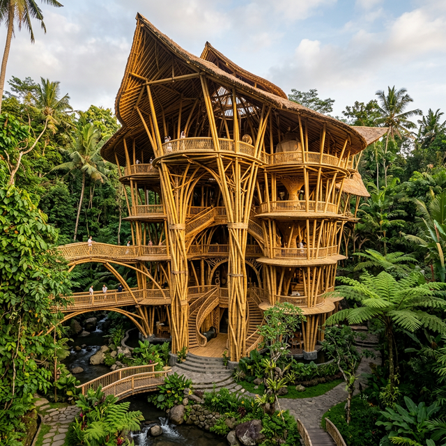 Intricate, multi-story open-air building made entirely of golden bamboo in Bali