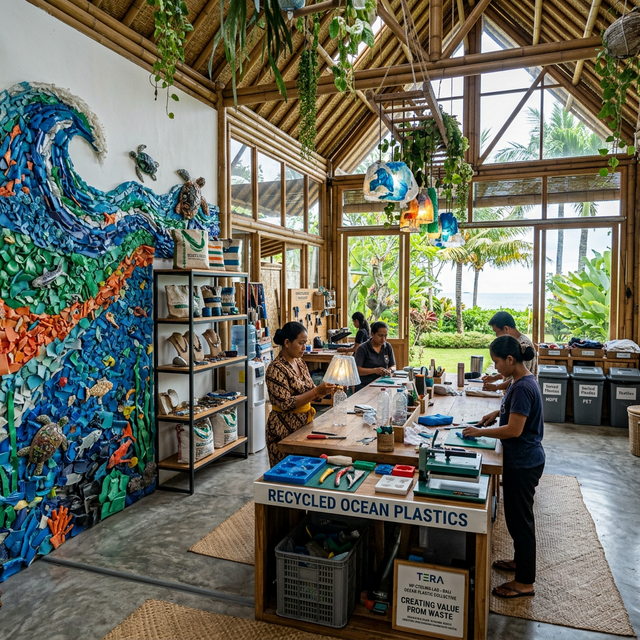 A detailed photograph of a zero-waste upcycling lab in Bali