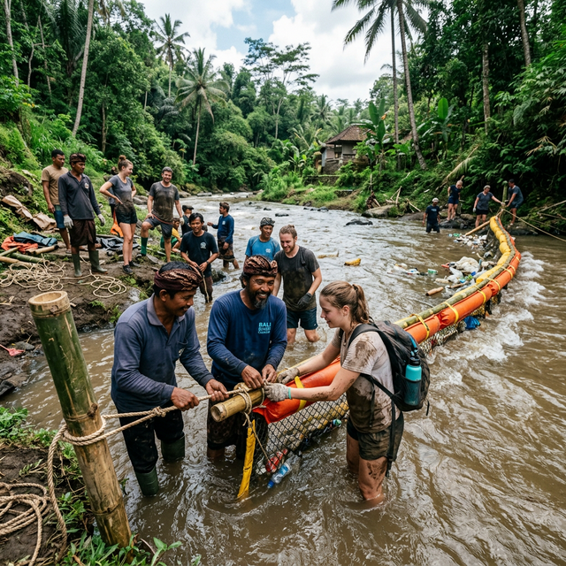 Local environmentalists installing a trash barrier across a flowing river