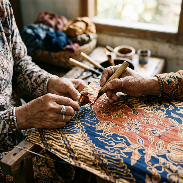 Close-up of a local artisan's hands carefully painting intricate batik patterns with hot wax
