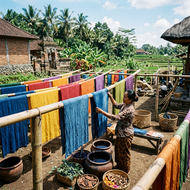 Vibrant colored fabrics from the natural dyeing process hanging to dry under the bright Balinese sun