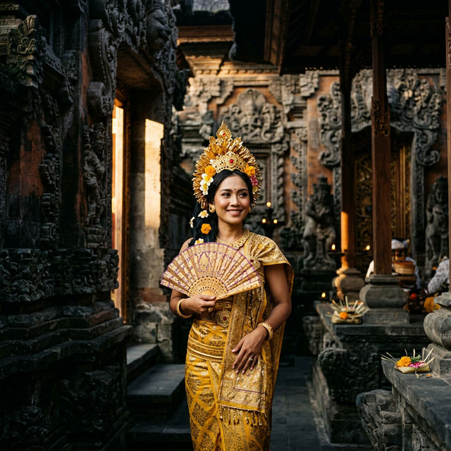 Traveler dressed beautifully in traditional Balinese royal attire experiencing a cultural moment inside the ancient Ubud Royal Palace
